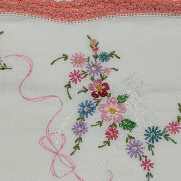 Other - Vintage Hand‎ Embroidered Floral Pillowcase White Cotton Peach Crochet Lace Trim